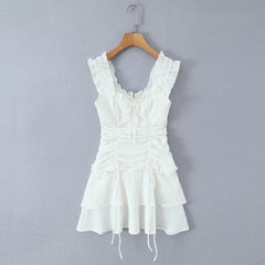 White Drawstring Embroidered Mini Dress
