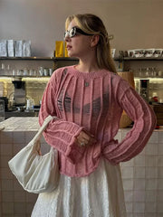 Pink Sheer Frayed Sweater