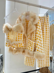 Yellow Plaid Plush Sleepwear Three Piece Pijama Set