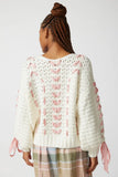 White Cabel Knit Pink Ribbon Bow Sweater
