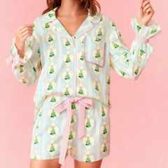 Floral Tree Print Long Sleeve Top And Pants Satin Lounge Set