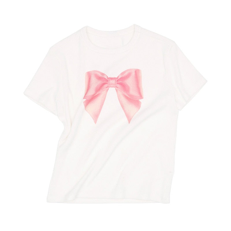 White Short Sleeve Pink Bow Tee