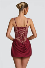 Lace Corset Square Neck Ruched Satin Bodycon Short Dress