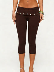 Fold Over Low Rise Button Decor Capri Pants