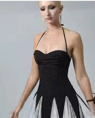 Black Polka Dot Lace Patchwork Ruffle Hem Strappy Mini Dress