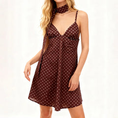 Brown Dot Print V Neck Spaghetti Strap Dress with Scarf