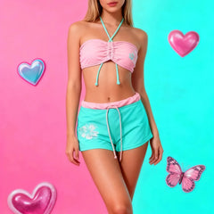 Pink And Blue Flower Printed Bikini Set