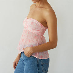 Pink Floral Strapless Mesh Top