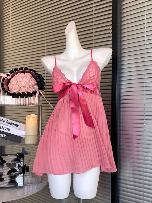 V-neck Bow Cami Pleated Nightdress