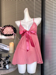 V-neck Bow Cami Pleated Nightdress