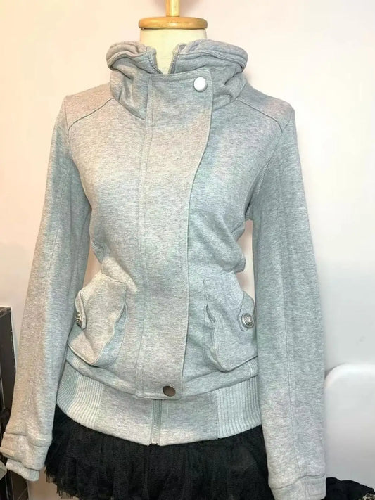 Gray hooded jacket on a mannequin against a white background