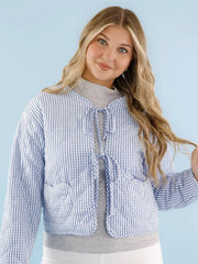 Blue Gingham Tie Up Padded Jacket