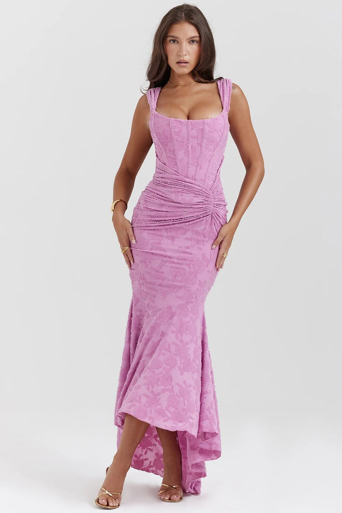 Purple Lace Floral Frill Corset Maxi Dress