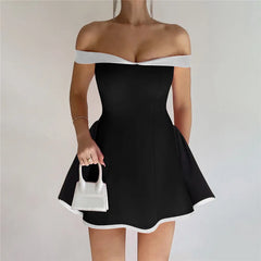 Black Flare White Off-shoulder Mini Dress