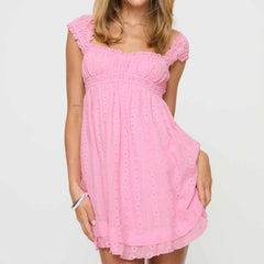 Jacquard Eyelet Ruffle Hem Babydoll Mini Dress