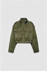 Faux Suede  Stand Collar Zip Up Flap Pockets Cropped Jacket