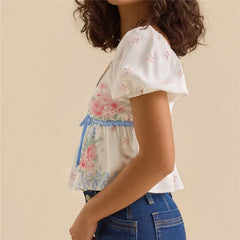 White Floral Puff Sleeve Peplum Crop Top