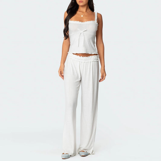White 3D Bow Frill Trim Crop Top And Long Pants Lounge Set