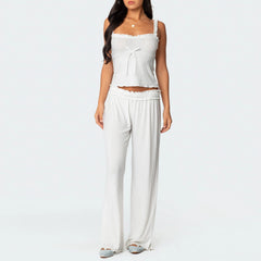 White 3D Bow Frill Trim Crop Top And Long Pants Lounge Set