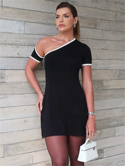 Black Contrast Seam One-Shoulder Short Sleeve Mini Dress