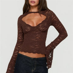 Lace Sheer Long Sleeve Cutout Neckline Blouse