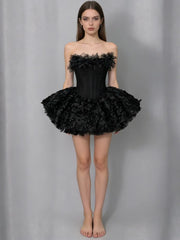 Strapless 3D Flower Flared Mini Dress