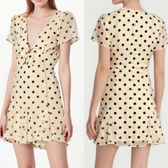 Short Sleeve Polka Dot Bow-Tied V-Neck Mini Dress
