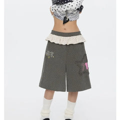 Grey Polka Dot Ruffles Patchwork Capri Pants