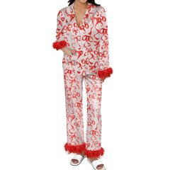 Christmas Satin Fur Trim Button-down Shirt And Pants Pajama Set