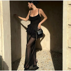 Black Mesh Frill Cami Top And Maxi Skirt Set