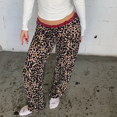 Leopard Printed / Solid Lace Trim Wide Leg Pants