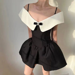 Black Off-Shoulder Contrast Collar Mini Dress - Free From Label