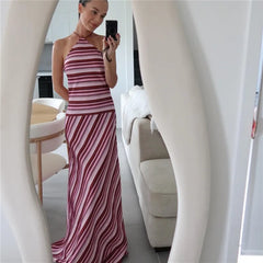 Striped Tie-Up Cross Strap Maxi Dress