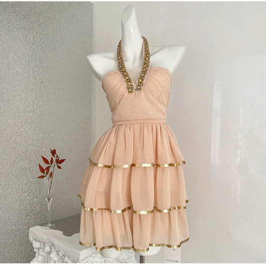Orange Sequin Necked Gold Trim Hem Mini Dress