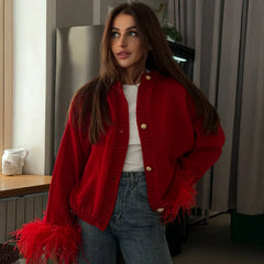 Red Feather Buttoned Cardigan