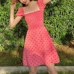 Red Smocked Heart-shaped Printed Mini Dress