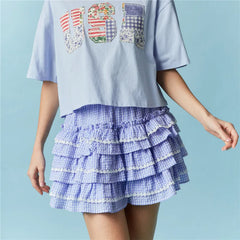 Gingham Elastic Waist Lace Trim Ruffle Layered Skort