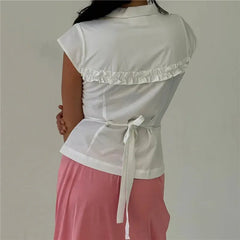 Lapel Ruffle Side Drawstring Tie Waist Blouse