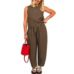 Printed Plaid Sleeveless Vest And Wide Pants Set