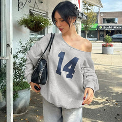 Number Printed One Shoulder Loose Sweatshirt