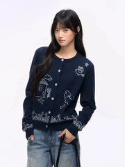 Blue Cartoon Embroidery Cardigan
