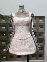 Printed Strap Lace-up Top And Mini Floral Bow Skirt Set