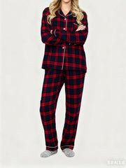 Plaid Print Long Sleeve Button Down Tops And Elastic Waist Pants Christmas Pajama Set