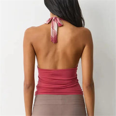 Pink Plaid Halter Deep V Neck Top