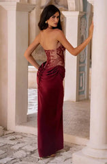 Strapless Lace Corset Satin Drape Maxi Dress