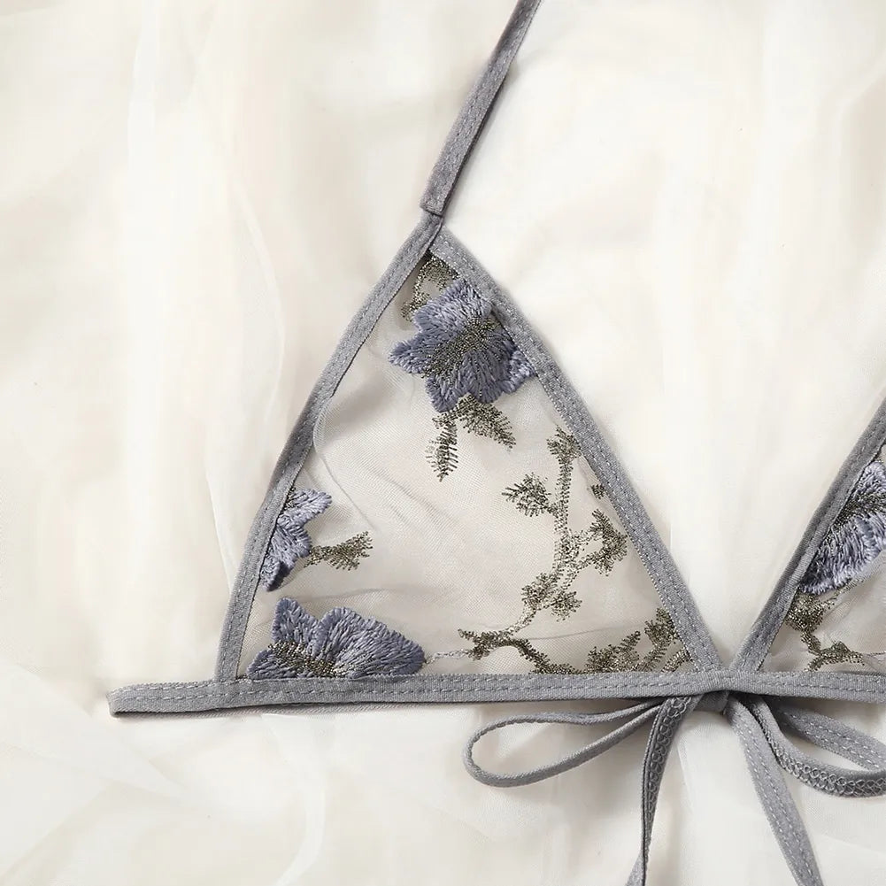 Floral Embroidery Triangle Tie-Up Lingerie Set