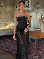 Black Lace Sheer Patchwork Tube Bodysuit Maxi Dress