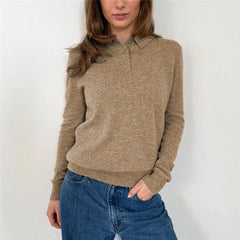 Solid Long Sleeve Lapel Collar Knit Pullover Top