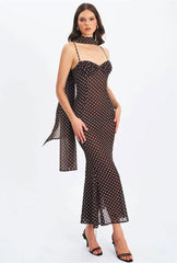 Black Polka Dot Sweetheart Neck Spaghetti Strap Scarf Maxi Dress