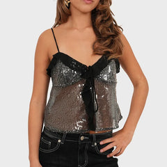 Sequin Sheer Ruffle Trim Spaghetti Strap Tie Crop Top